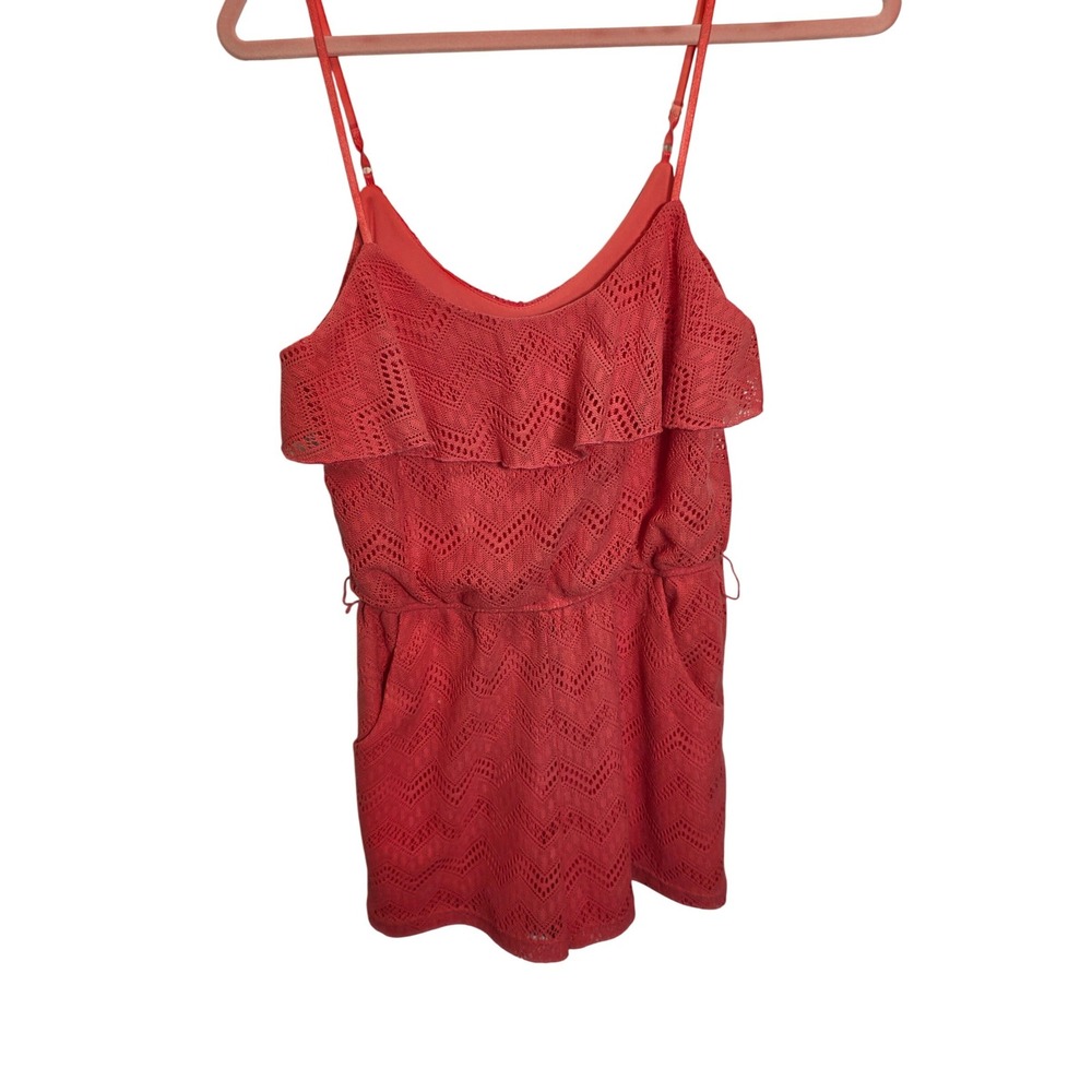 Speckless Coral Orange Chevron Crochet Lace Ruffle Romper Small Pockets Summer